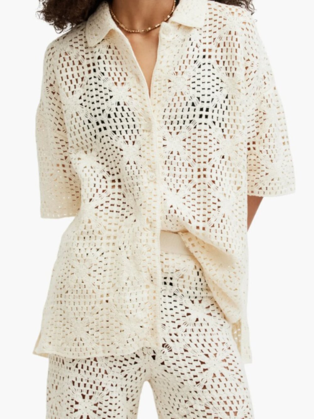 AllSaints Milly Open Stitch Short Sleeve Button-Up Shirt